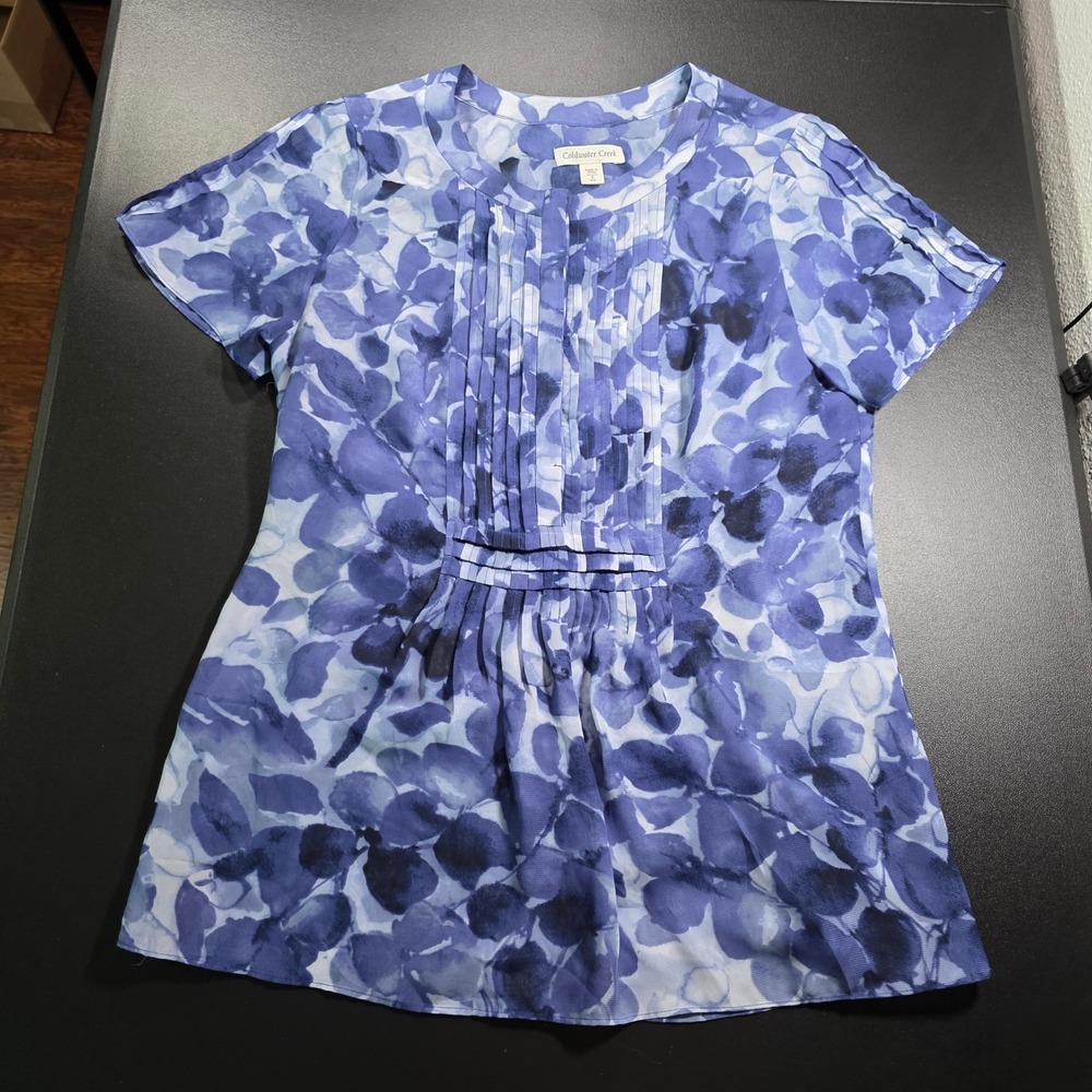 Coldwater Creek Blue Floral Watercolor Pintuck Pleated Short Sleeve Blouse S 6-8